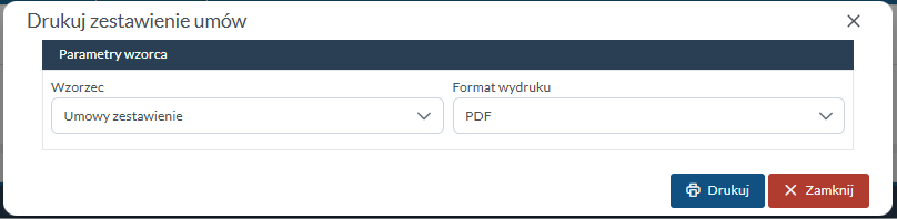 Okno Drukuj zestawienie umów